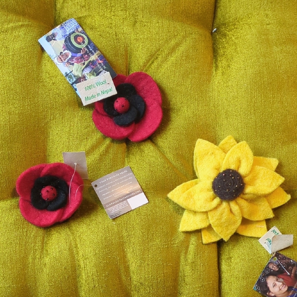 3 New Wool Felt Flower Pins